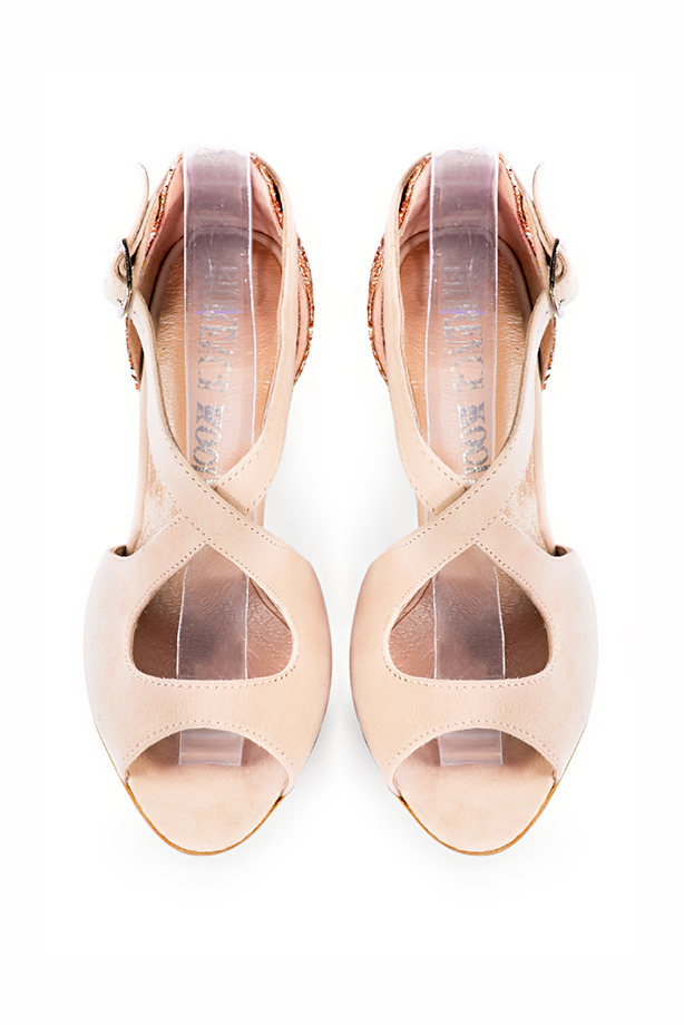 Powder pink and copper gold women's closed back sandals, with crossed straps. Round toe. High kitten heels. Top view - Florence KOOIJMAN